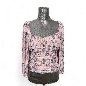 Y2K Fairy Grunge Celestial Pink Mesh Ruched Long Sleeve Babydoll Top XL E-Girl